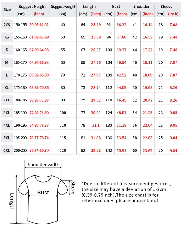 Measurement chart for shirts with size, height, weight, length, bust, shoulder, and sleeve dimensions.