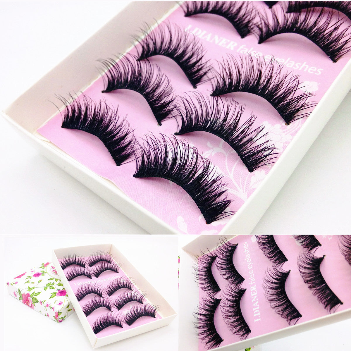Set of false eyelashes in a pink case with floral packaging.