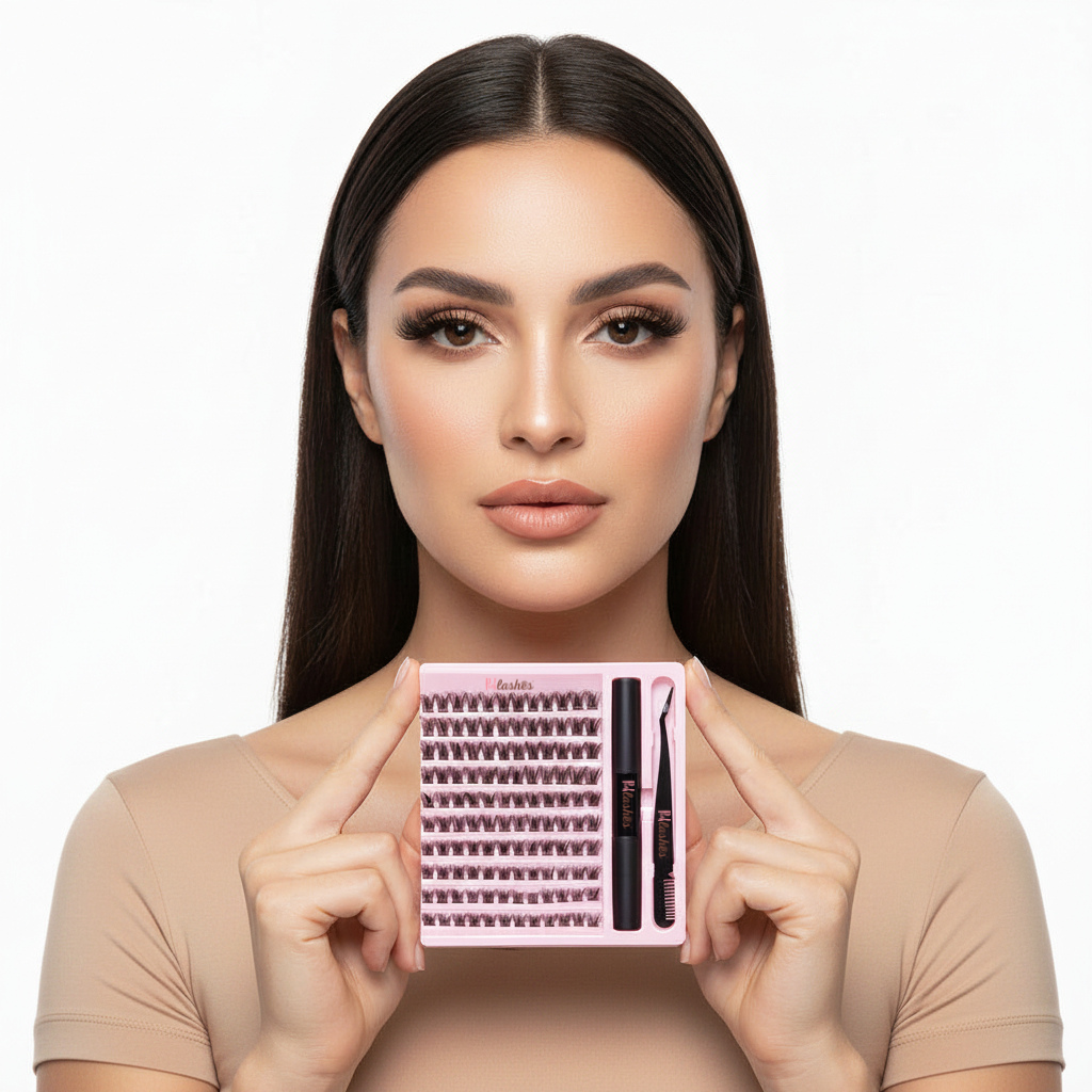 A woman with long dark hair holds a pink tray of false eyelashes and a small applicator tool against a clean white background.