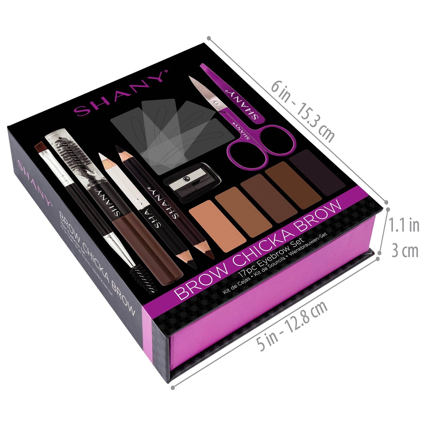 SHANY Brow Chicka Brow makeup set packaging with dimensions on a white background