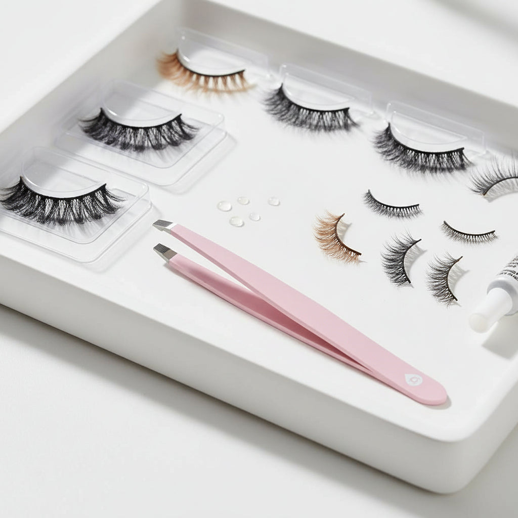 Pink Tweezer resting on a tray of false eyelashes