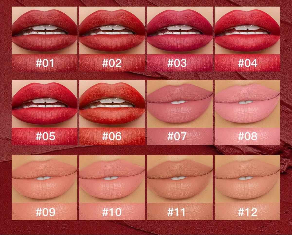 Lipstick color swatches on lips with a red background and text about lipstick formula.