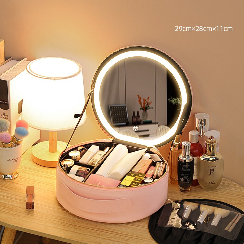 Round LED Travel Makeup Bag With Mirror