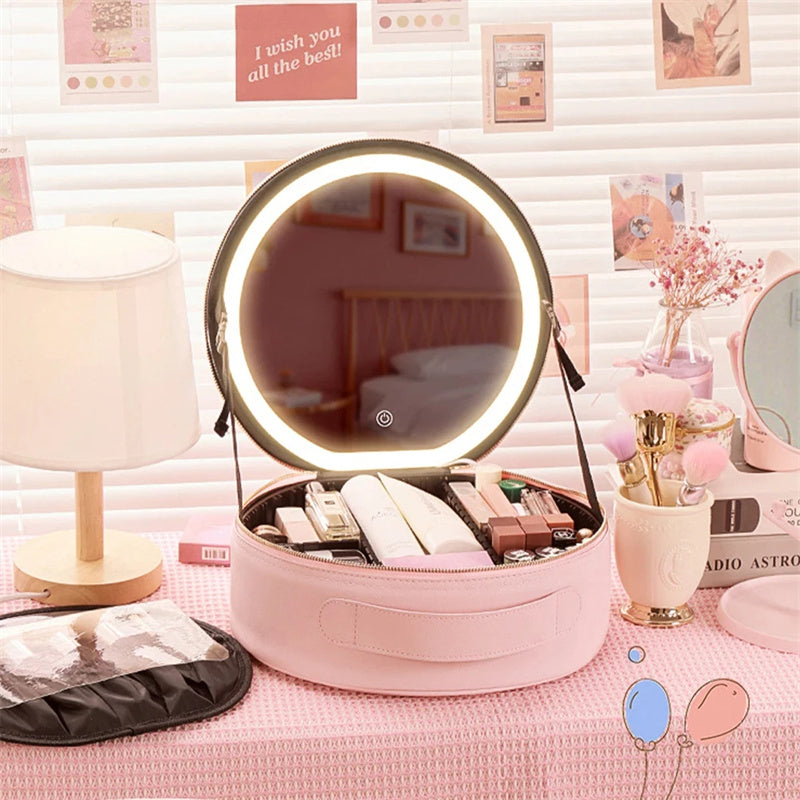 Round LED Travel Makeup Bag With Mirror