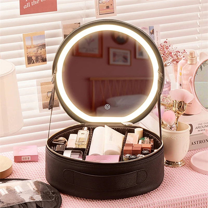 Round LED Travel Makeup Bag With Mirror