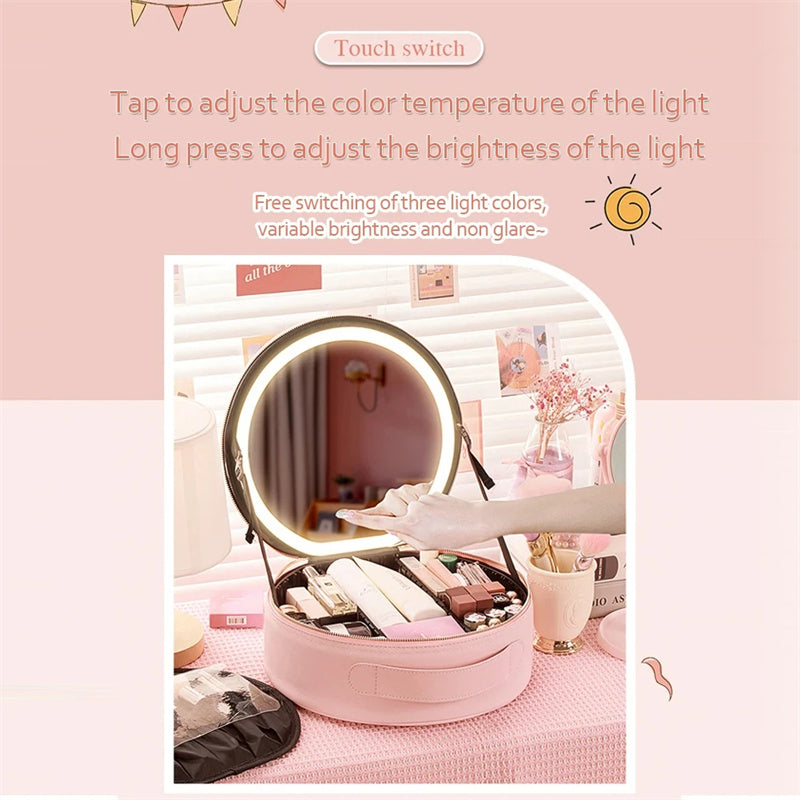 Round LED Travel Makeup Bag With Mirror