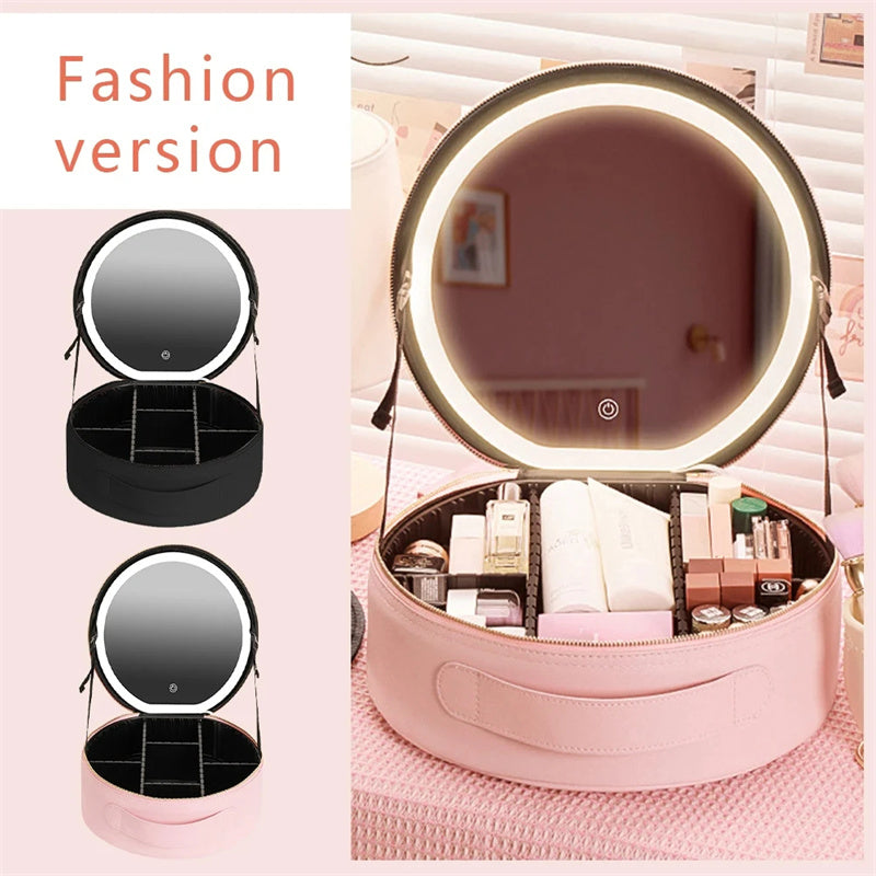 Round LED Travel Makeup Bag With Mirror