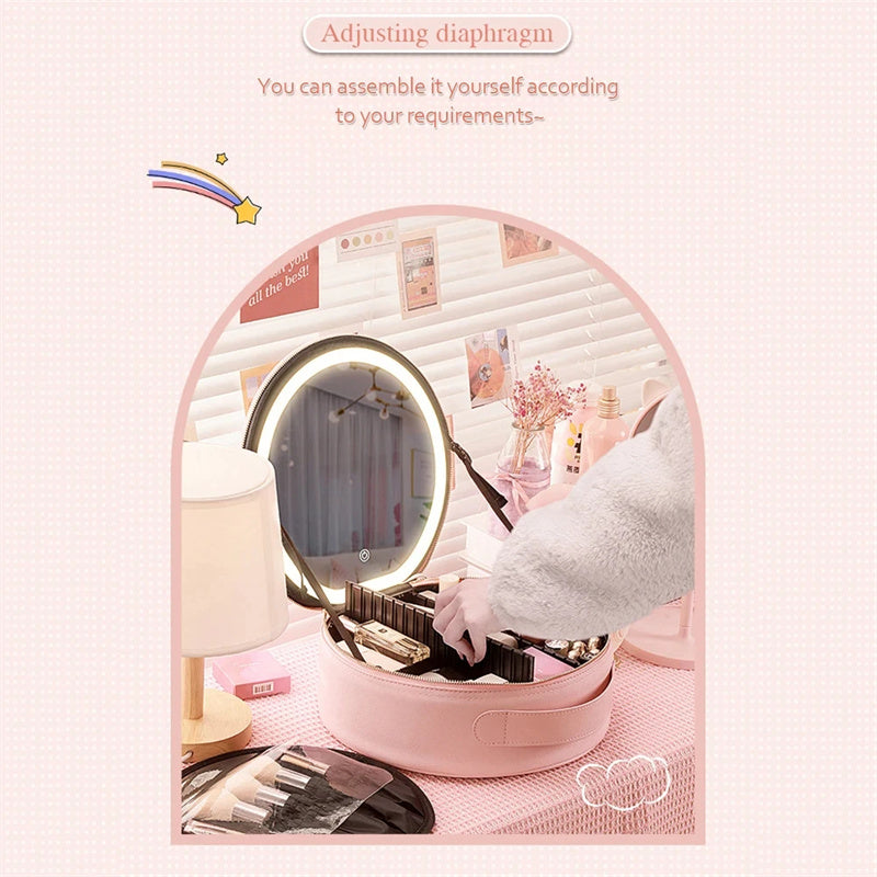 Round LED Travel Makeup Bag With Mirror