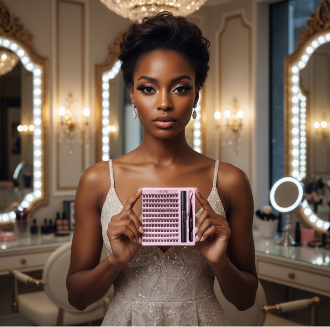 A woman in a white dress holds up a pink and black lash extension tray in front of a vanity mirror with light bulbs in a luxurious room.