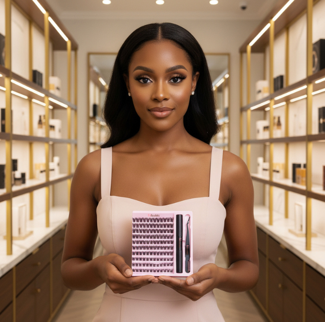 A woman in a white dress stands in a luxury cosmetics boutique holding a small pink and purple product box with applicator tools.