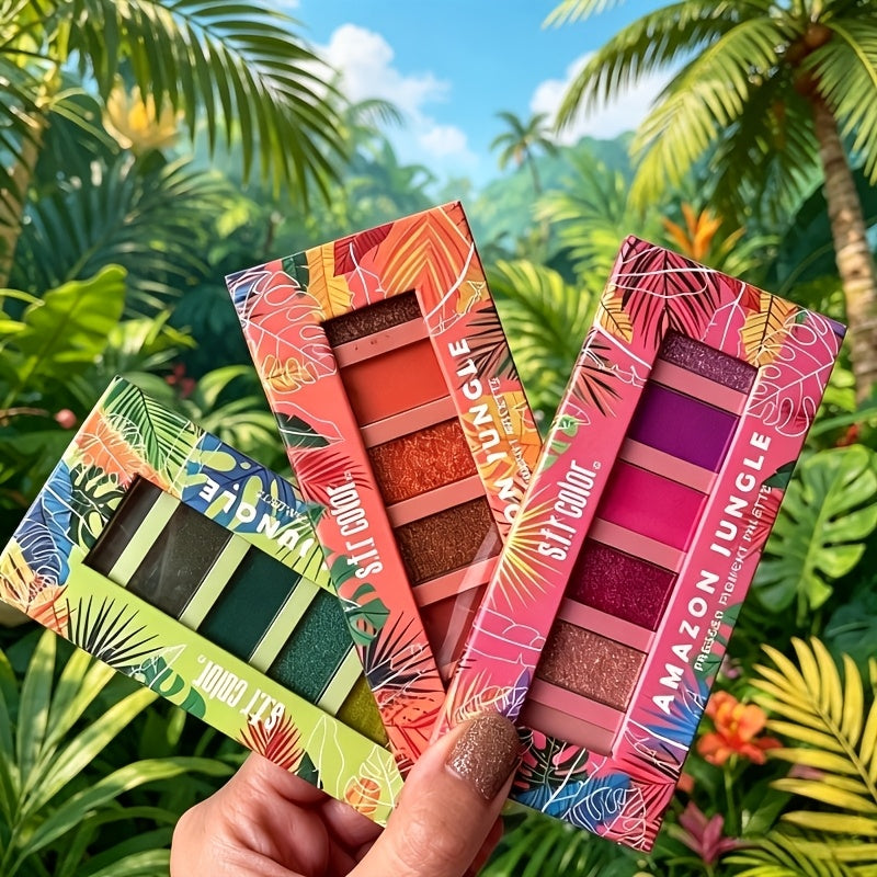 Three colorful makeup palettes with 'Sleek' branding against a tropical background