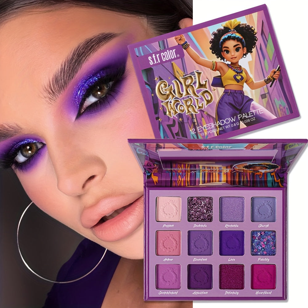 Makeup palette with 'Girl World' theme and colorful eyeshadow shades, held by a person with purple makeup.