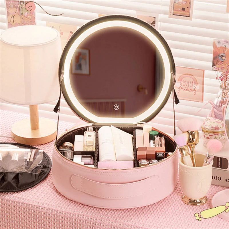 Round LED Travel Makeup Bag With Mirror