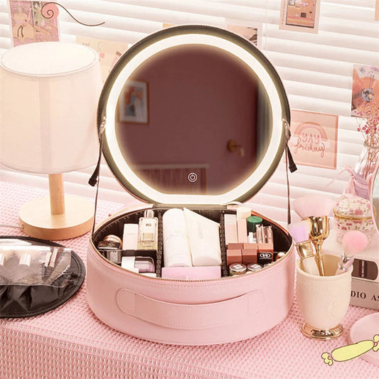 Round LED Travel Makeup Bag With Mirror