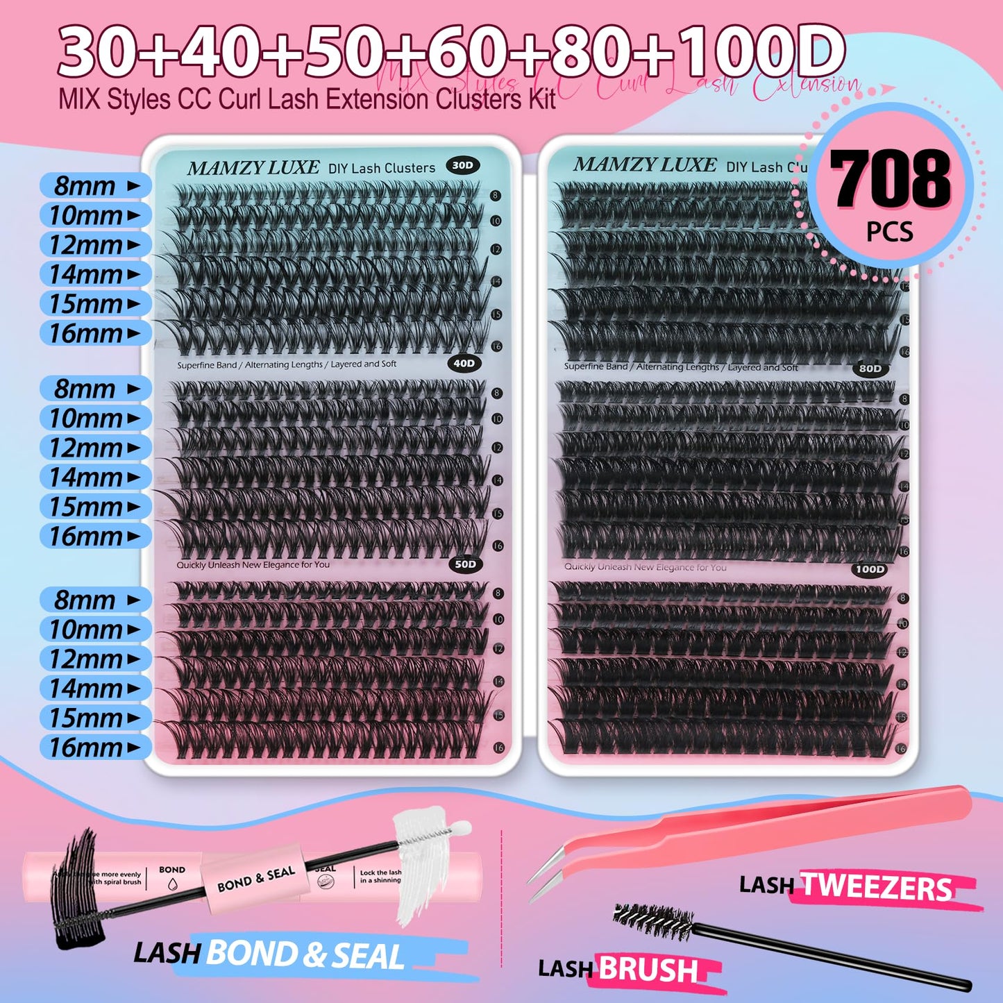 Lash Clusters 708PCS Cluster Eyelash Extensions 10-16MM Wispy Lashes Clusters 30+40+50+60+80+100D Eyelash Clusters Mix Daily Look Fake Eyelashes Extension