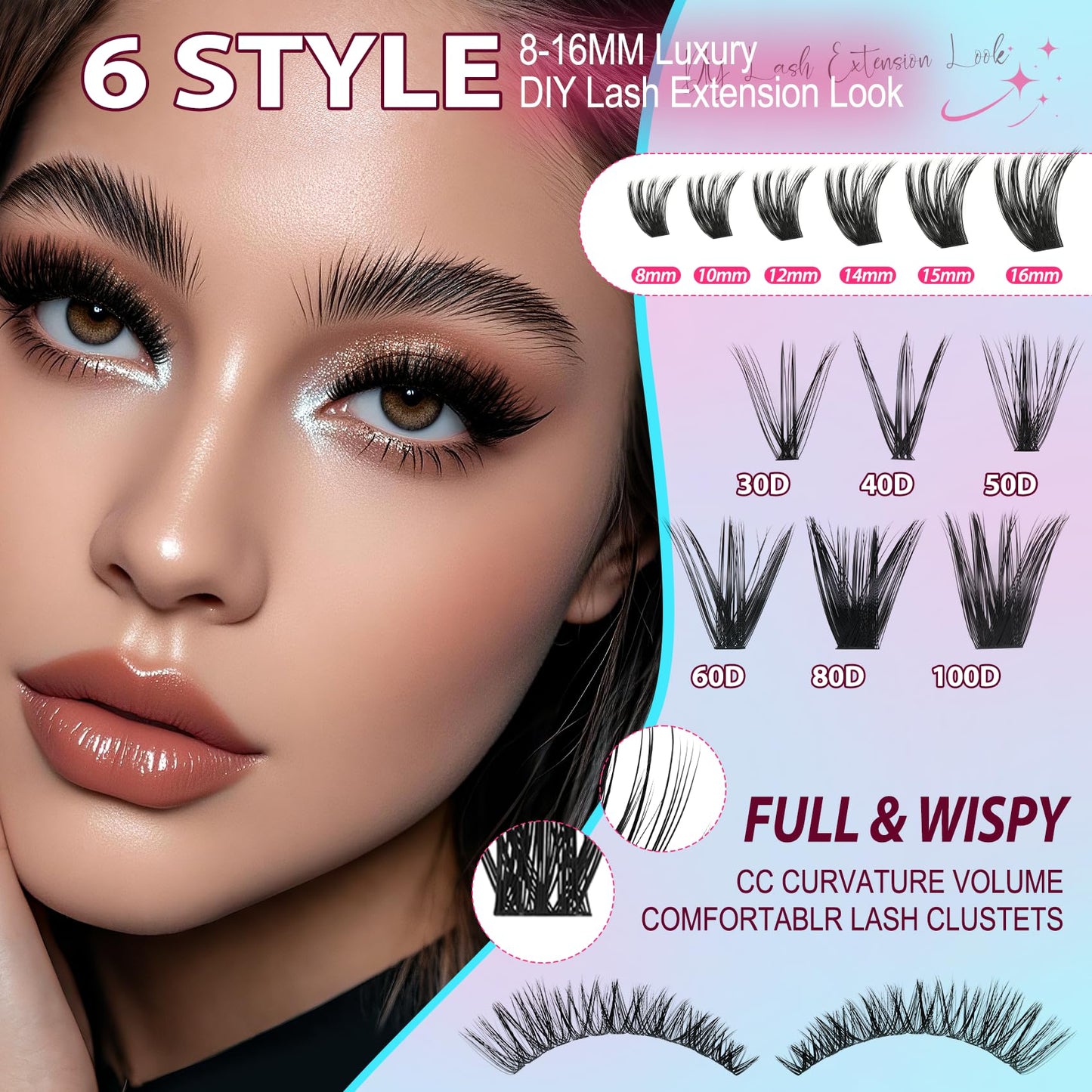 Lash Clusters 708PCS Cluster Eyelash Extensions 10-16MM Wispy Lashes Clusters 30+40+50+60+80+100D Eyelash Clusters Mix Daily Look Fake Eyelashes Extension
