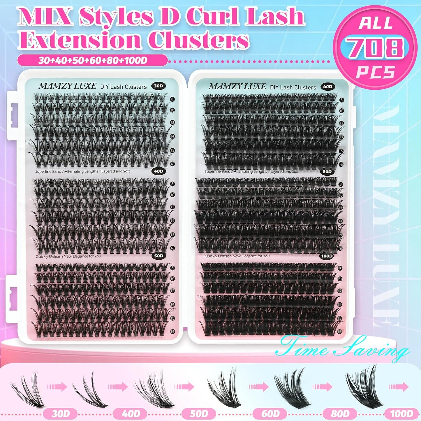 Lash Clusters 708PCS Cluster Eyelash Extensions 10-16MM Wispy Lashes Clusters 30+40+50+60+80+100D Eyelash Clusters Mix Daily Look Fake Eyelashes Extension