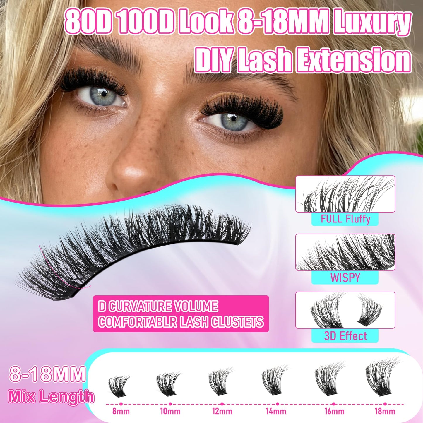 Lash Clusters 708PCS Cluster Eyelash Extensions 10-16MM Wispy Lashes Clusters 30+40+50+60+80+100D Eyelash Clusters Mix Daily Look Fake Eyelashes Extension