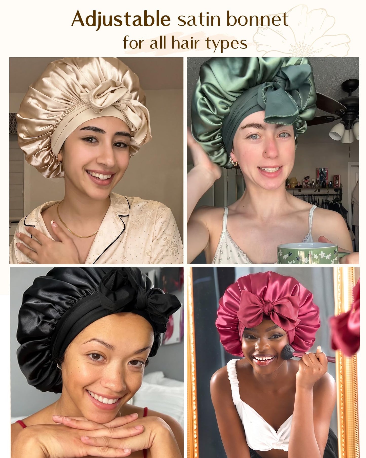 Adjustable Silk Bonnet for Sleeping Women Double Layer Satin Bonnet Reduce Friction Prevent Frizz Curly Hair