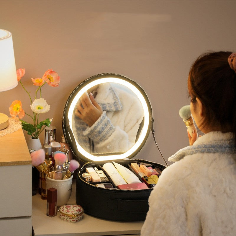 Round LED Travel Makeup Bag With Mirror