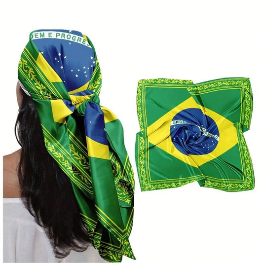 Green and yellow headscarf with Brazilian flag design on a white background