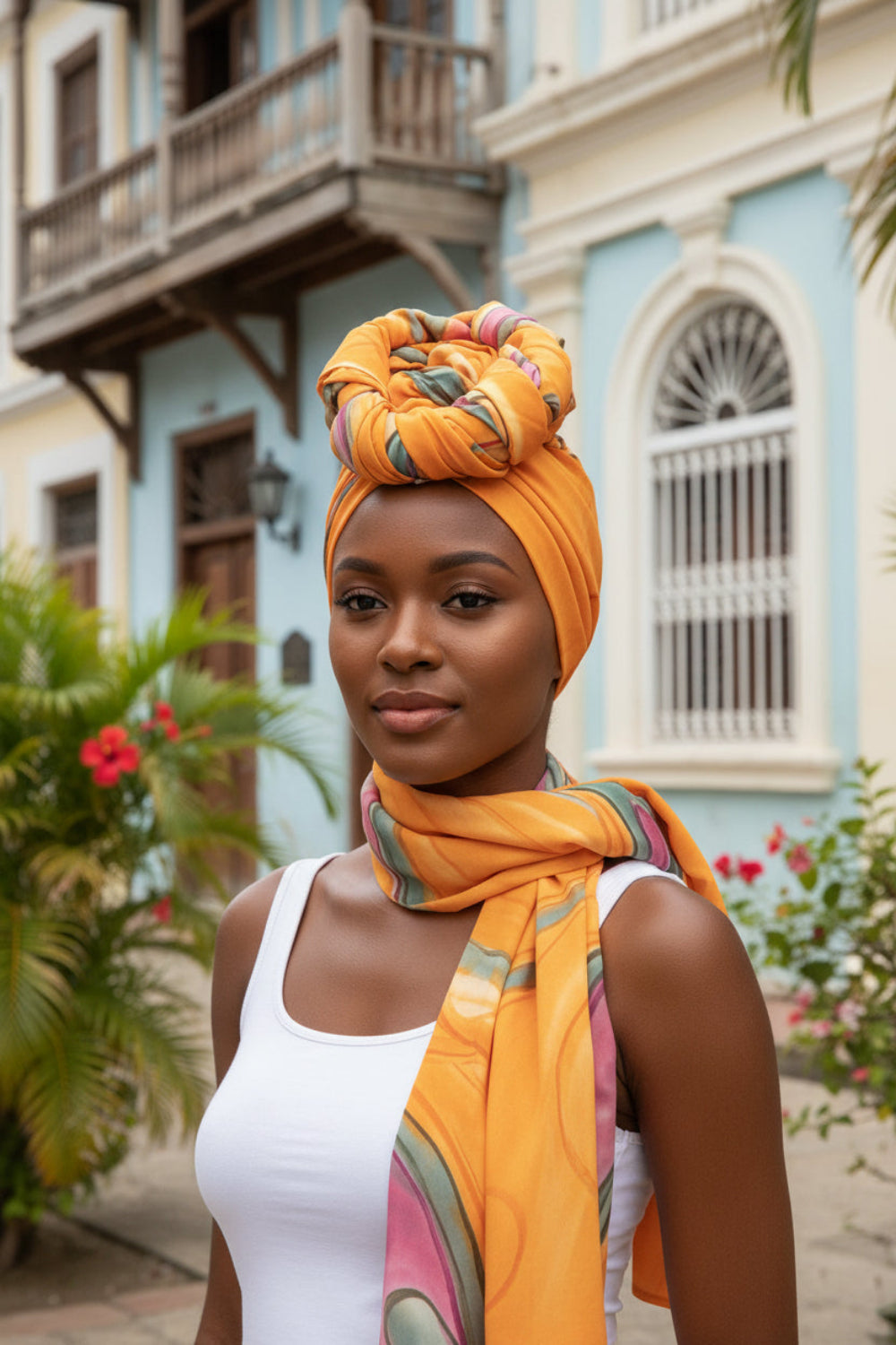 Floral Garden Hand Painted Scarf Made in Haiti Model