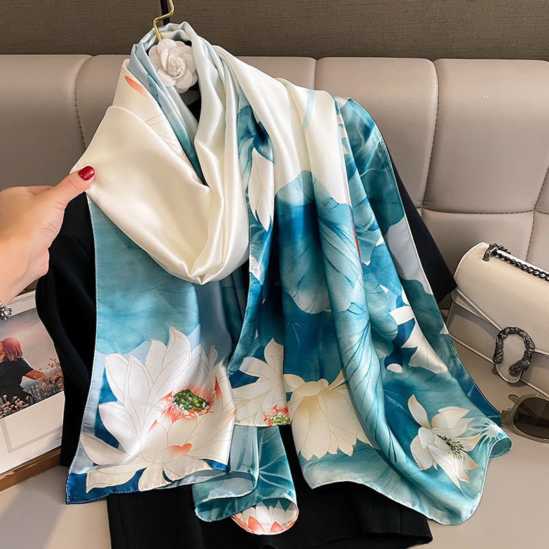 Floral scarf with white flowers and blue 