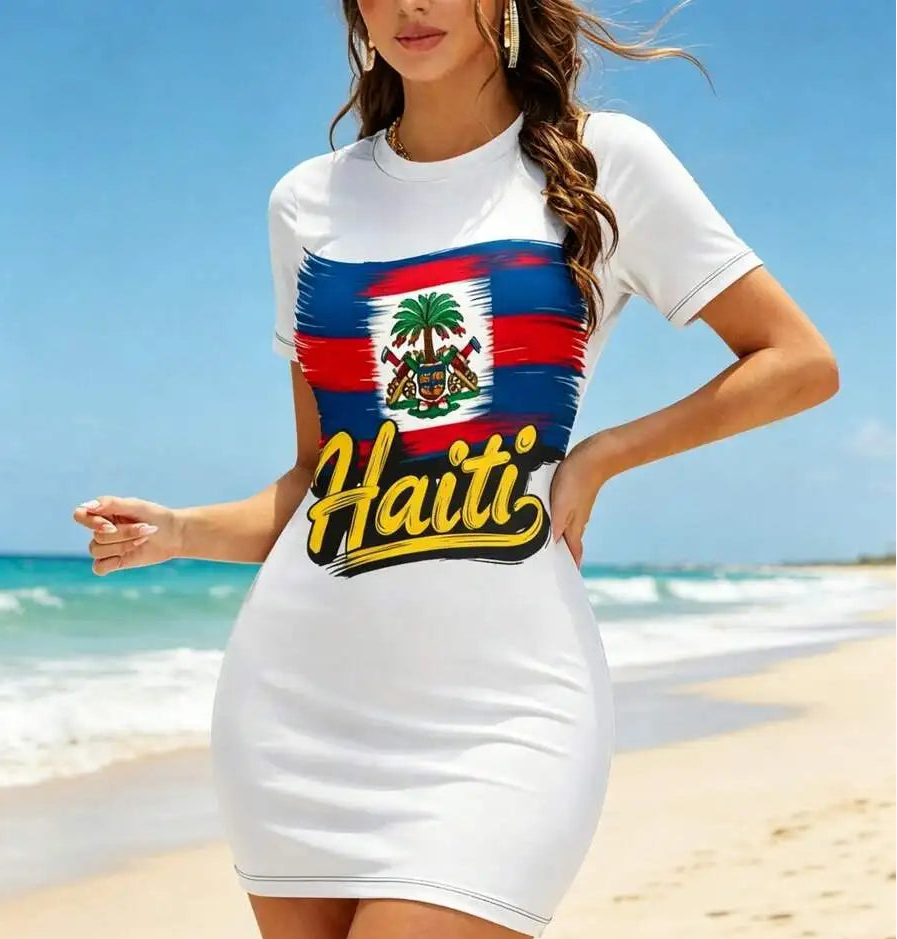 Haitian Flag Print Bodycon  Short Sleeve Dress