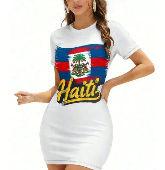 Haitian Flag Print Bodycon Short Sleeve Dress 3