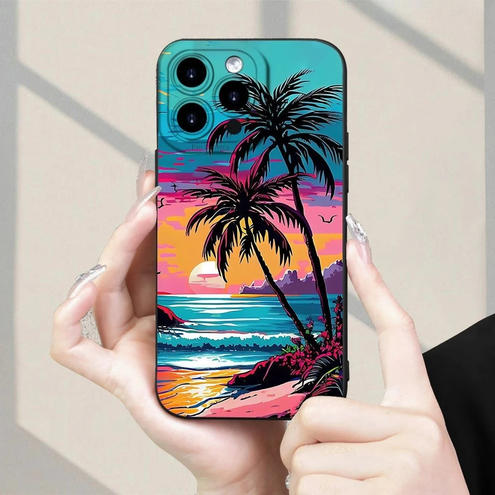 Phone case with tropical design held by a hand