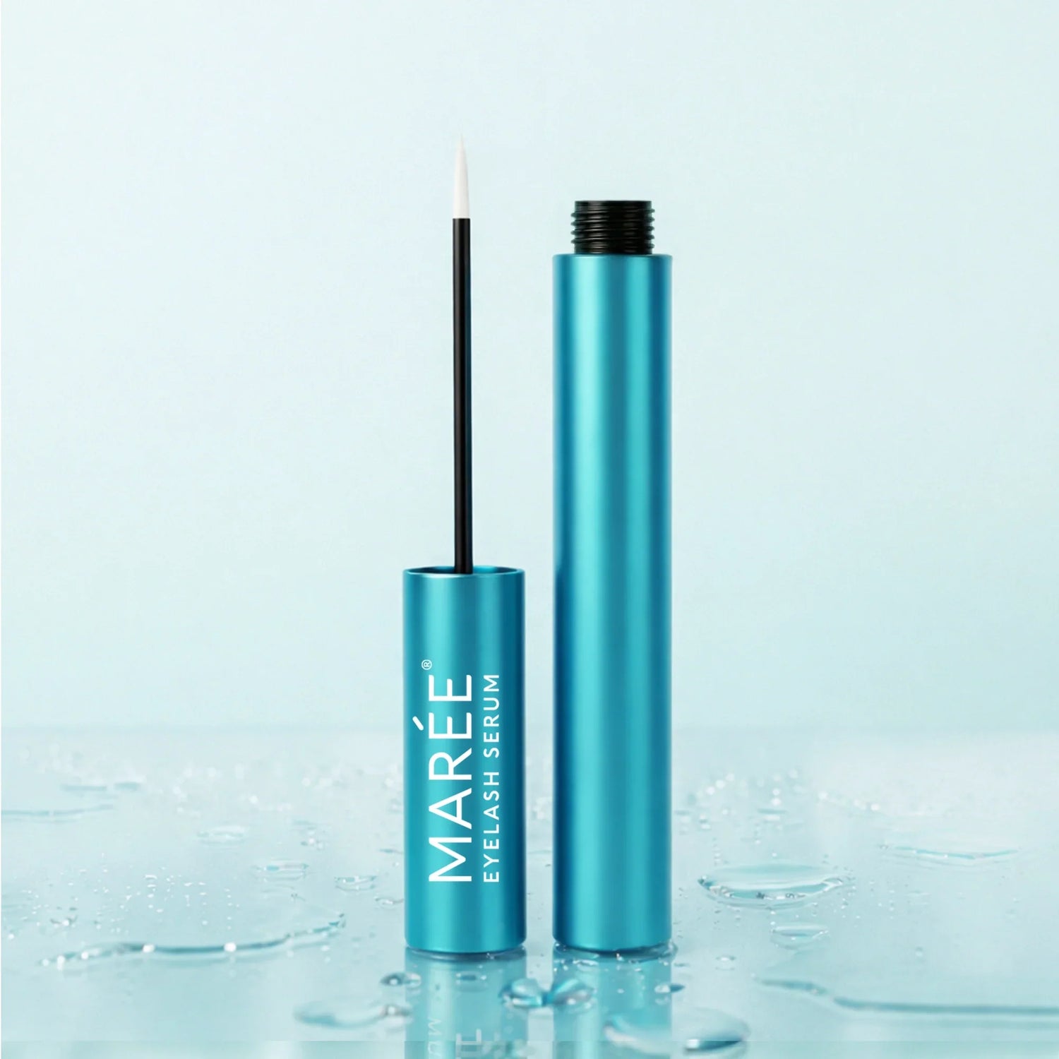 Mareé eyelash serum with blue packaging on a light blue background
