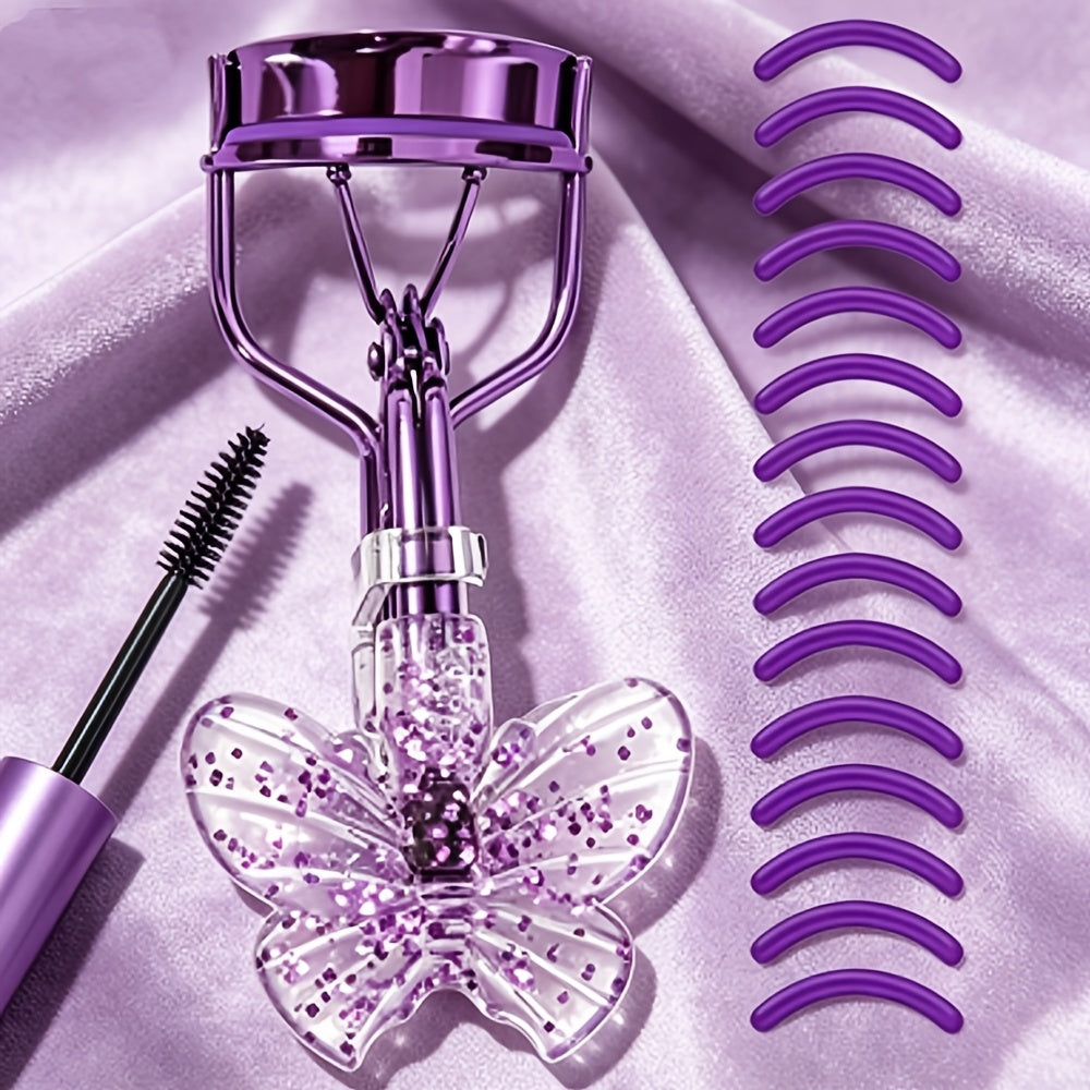 Lash curler with butterfly design and purple attachments on a light purple background