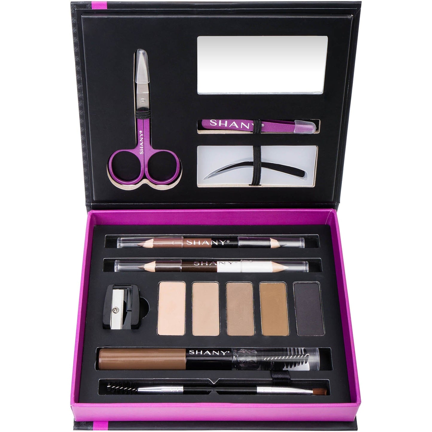 Shany eyebrow grooming kit with various tools and products in a black and pink box.