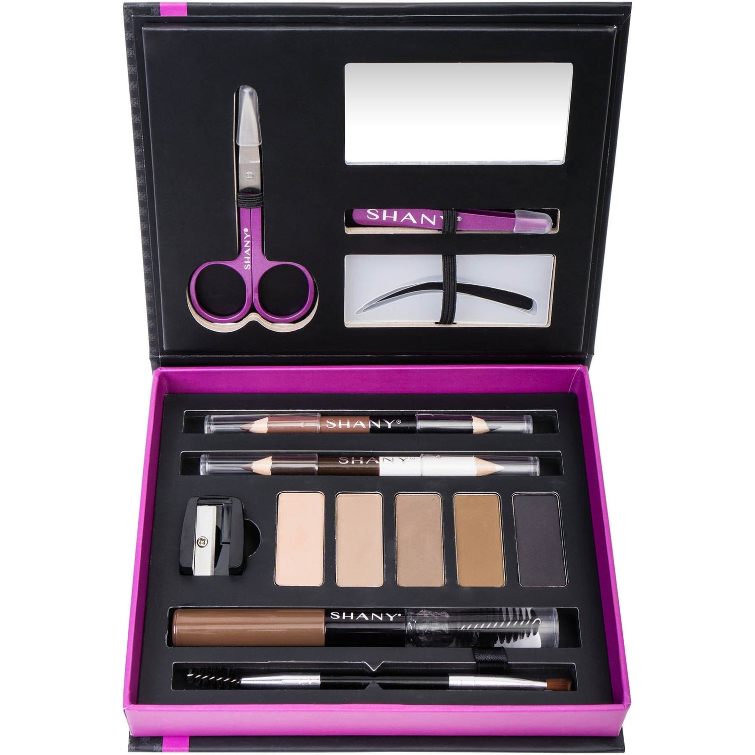 Shany eyebrow grooming kit with various tools and products in a black and pink box.