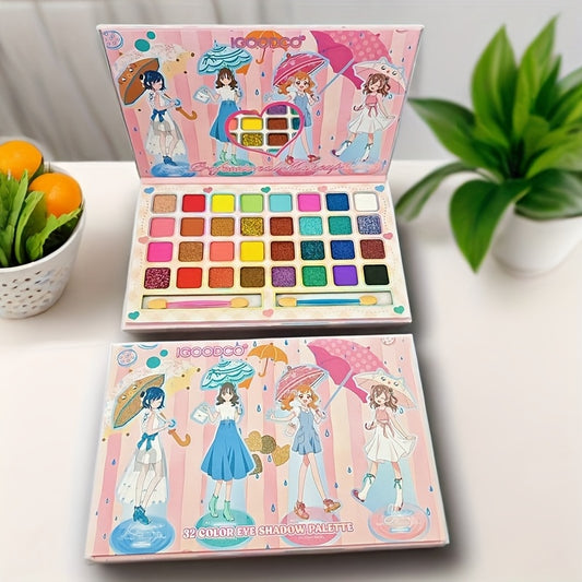 Colorful eyeshadow palette with cartoon character design on a white surface.