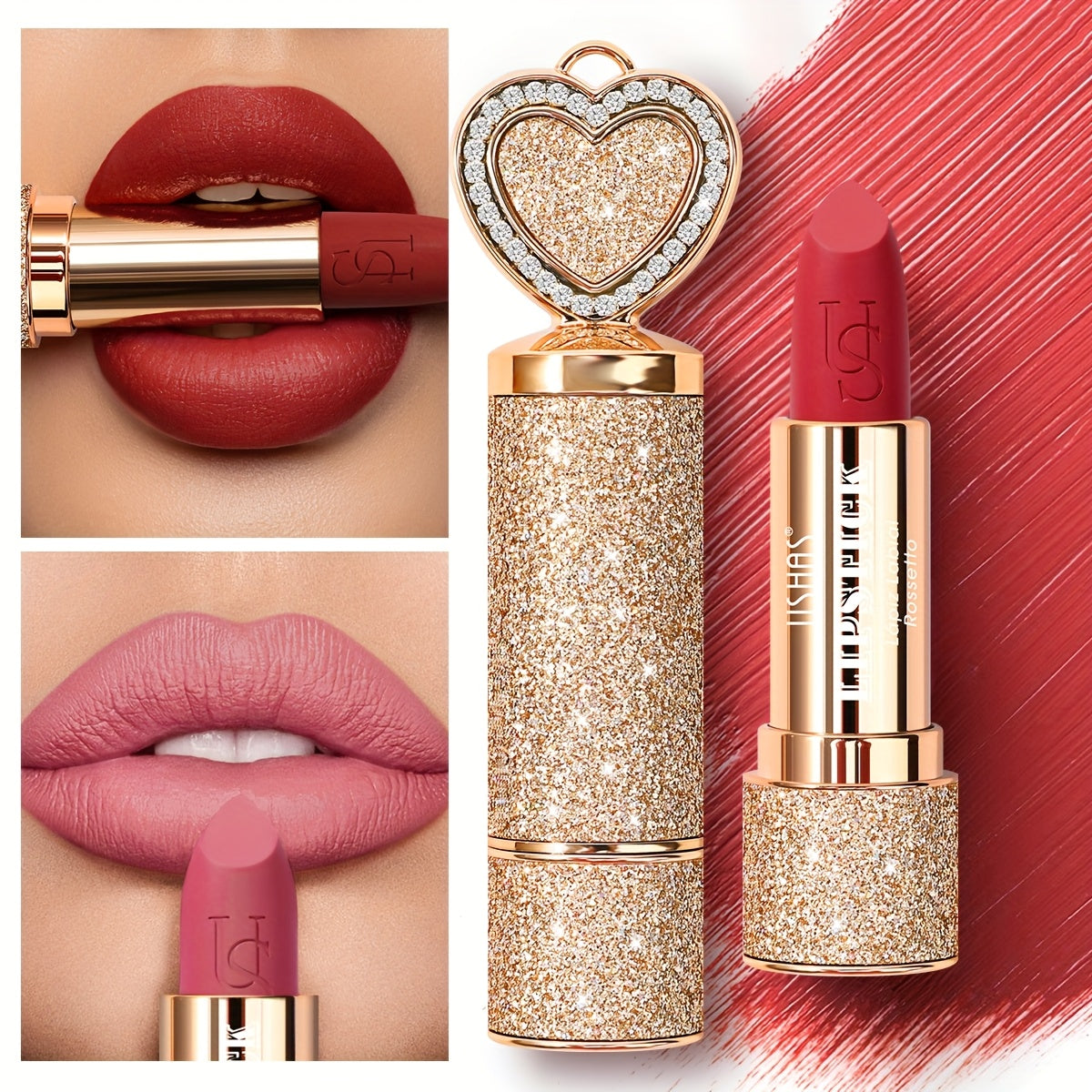 Luxury lipstick with glittery casing and close-up shots on lips.